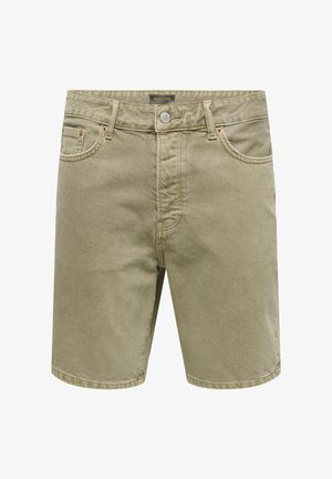 Bézs térd alatti farmer rövidnadrág elülső gombbal, cipzárral, övbújtatóval és öt zsebes kialakítással.