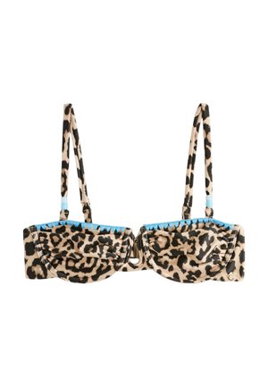 Bikini zgornji del z leopardjim vzorcem, oblikovani košarici, tanki nastavljivi trakovi z modrimi kroglicami in modrim valovitim robom ob izrezu na prsih.