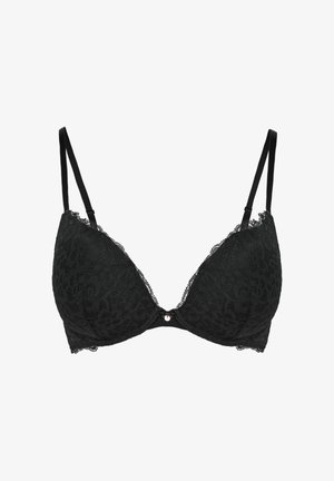 Juodas nėriniuotas push-up liemenėlė su reguliuojamomis petnešėlėmis ir lankeliais, priekyje centre mažas dekoratyvinis pakabukas.