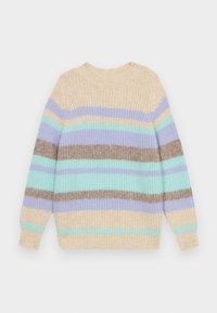 Megztinis su horizontaliomis juostelėmis kreminės, levandų, mėtų žalios ir rudos spalvų. Apvalus iškirpimas ir šonkauliniai rankogaliai.