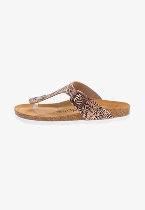 Brown flip-flop sandal with floral patterned straps, cork footbed, and white rubber sole. Adjustable buckle detail on the side.