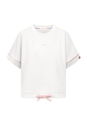 Witte cropped sweatshirt met korte mouwen, roze stiksels, een klein roze logo op de borst en een roze strikje aan de zoom.