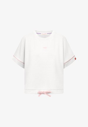 Witte cropped sweatshirt met korte mouwen, roze stiksels, een klein roze logo op de borst en een roze strikje aan de zoom.