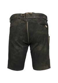 Pantalones cortos de ante negro con una textura suave, con cintura ajustable mediante cordón, bolsillo lateral y costura en contraste a lo largo de la costura trasera.