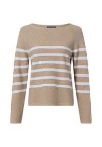 Beiger Pullover mit langen Ärmeln und weißen horizontalen Streifen über dem Körper und den Ärmeln, Rundhalsausschnitt sowie gerippter Saum und Bündchen.