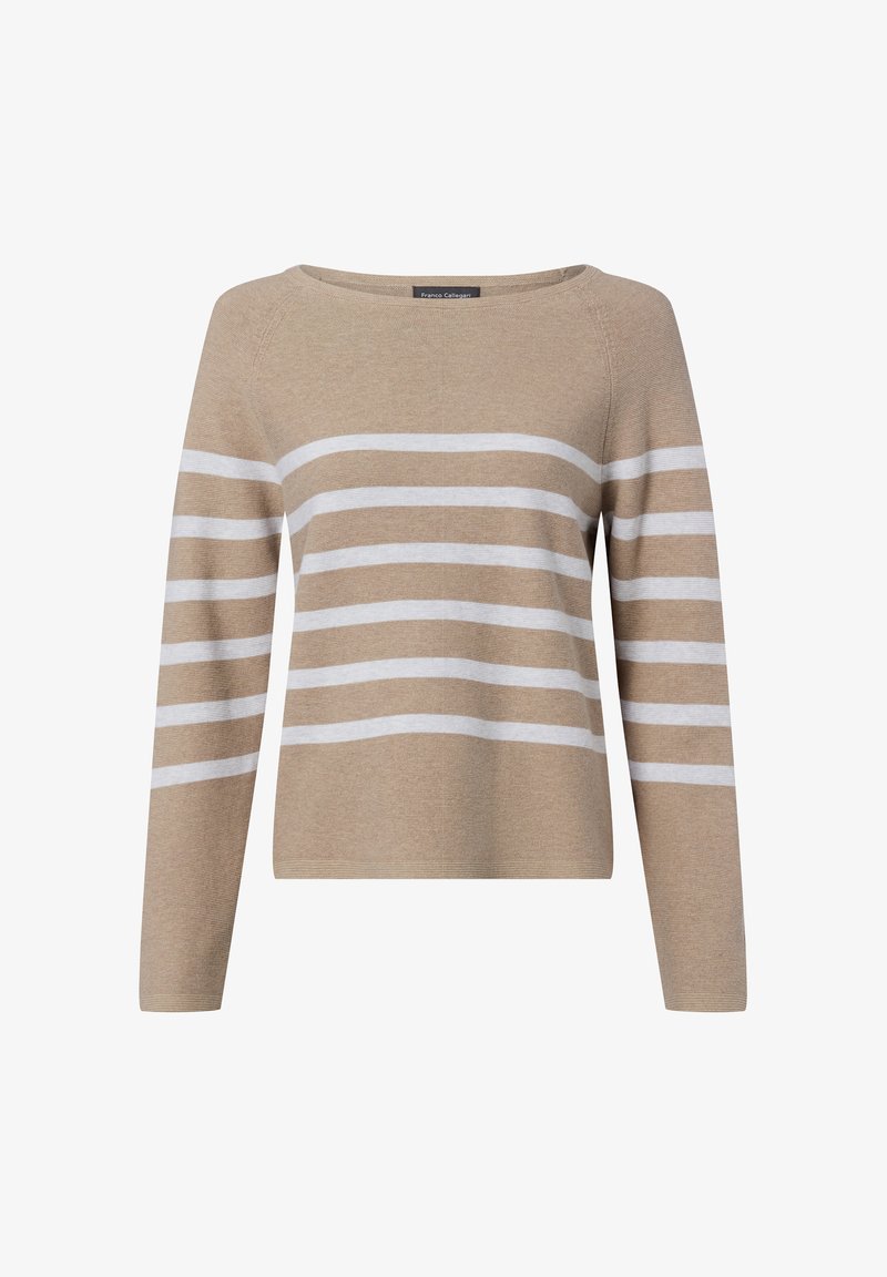 Beiger Pullover mit langen Ärmeln und weißen horizontalen Streifen über dem Körper und den Ärmeln, Rundhalsausschnitt sowie gerippter Saum und Bündchen.