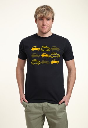 Black t-shirt featuring a graphic of various stylized cars in yellow and olive green, displayed in rows across the front. Cotton material.