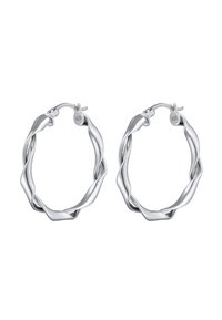 Sterling sølv hoops øreringe med et snoet design, der har en poleret finish og en sikker lukning. Markerede med "925" for autenticitet.