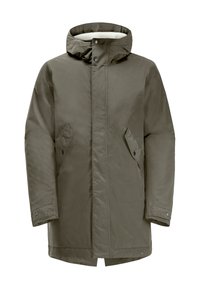 Veste parka vert olive avec capuche, en tissu lisse, dotée d'un col doublé, de deux poches latérales et d'une fermeture à bouton-pression.