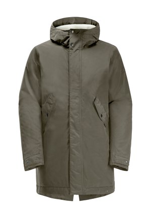 Veste parka vert olive avec capuche, en tissu lisse, dotée d'un col doublé, de deux poches latérales et d'une fermeture à bouton-pression.