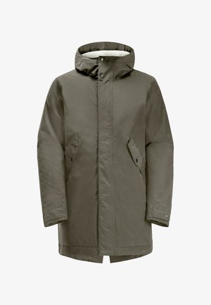 Olivgrüne Parka-Jacke mit Kapuze, aus glattem Stoff, mit einem gefütterten Kragen, zwei Seitentaschen und Druckknopfverschluss.