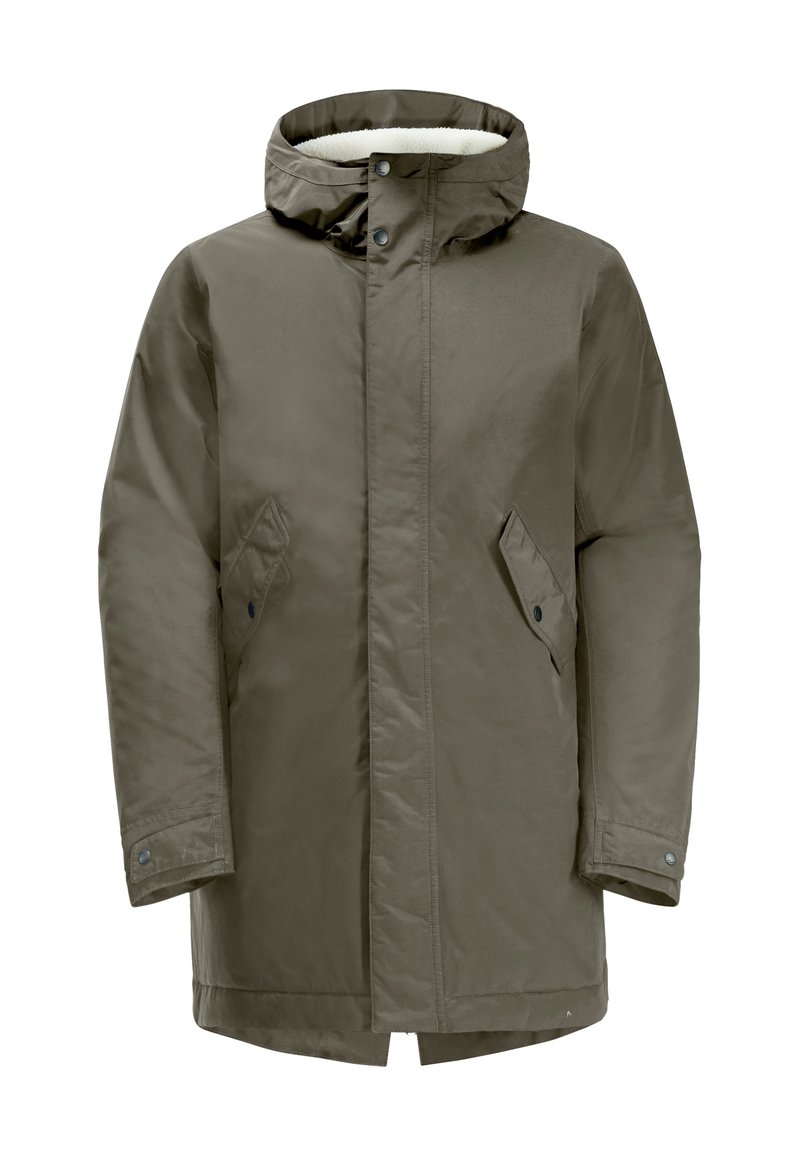 Veste parka vert olive avec capuche, en tissu lisse, dotée d'un col doublé, de deux poches latérales et d'une fermeture à bouton-pression.