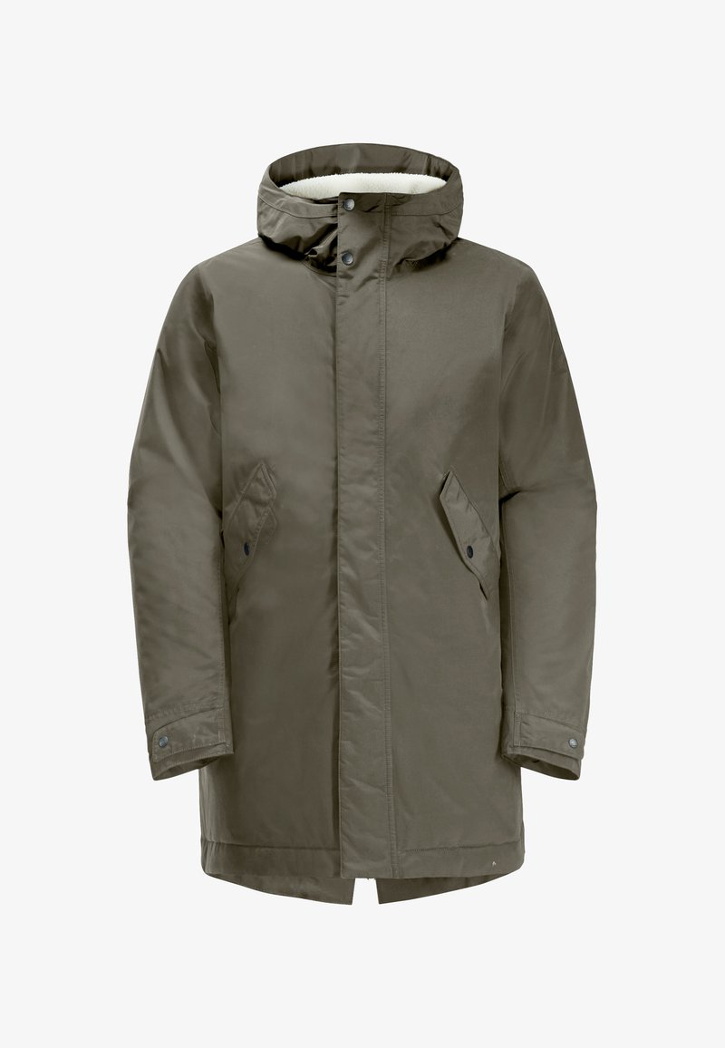 Parka verde oliva con cappuccio, realizzata in tessuto liscio, caratterizzata da un colletto foderato, due tasche laterali e chiusura a bottone a pressione.