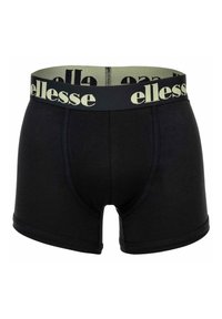 Boxers noirs pour hommes avec une large ceinture élastique arborant le logo « ellesse » en beige sur une bande noire et grise.