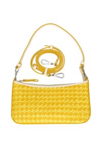 Gul vævet håndtaske med en glat lynlås på toppen, der har en aftagelig læderrem og sølv hardware detaljer. Kompakt og rektangulær form.