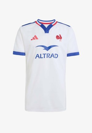 Maglia bianca con accenti blu e rossi, caratterizzata da scollo a V, maniche corte, emblema del gallo e logo ALTRAD in blu sul davanti.