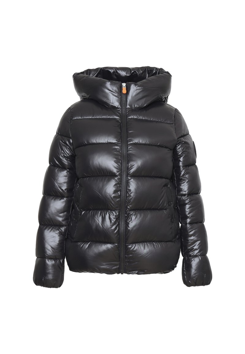 Giacca a vento nera con finitura lucida, cappuccio, chiusura con zip e texture trapuntata. Presenta polsini elasticizzati e una silhouette leggermente cropped.