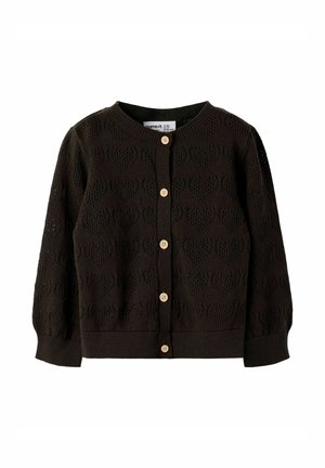 Cardigan noir tricoté pour enfants avec manches longues, motifs en forme de cœur, col rond, bords côtelés, et six boutons beige sur le devant.