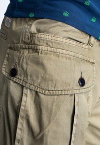 Shorts cargo kaki avec des coutures visibles, poche arrière à bouton, et une texture lisse. Associés à une chemise bleue avec des motifs verts.