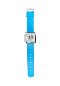 Orologio digitale con cassa quadrata in acciaio argentato e cinturino in silicone blu brillante. Tra le caratteristiche ci sono una fibbia in acciaio inossidabile e marchi del brand ben visibili.
