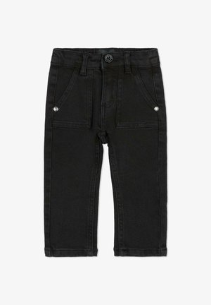 Pantaloni in denim nero con vestibilità slim, due tasche anteriori e un bottone decorativo. Tessuto liscio con dettagli di cuciture sottili.