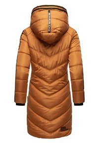 Bronze puffer coat with chevron stitching, elastic cuffs, large hood, and black accents. Features a brand label on the back.