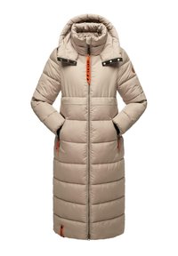 Long beige padded winter coat with high collar, front zipper, side pockets, and orange zipper pulls and accents.