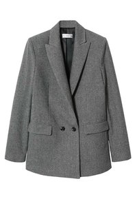 Šedý kostkovaný blazer s dvouřadým zapínáním, špičatými klopami a dvěma předními kapsami. Vyrobeno z texturované tkaniny se hladkým vnitřním podšívkou.