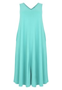 Helles Türkis, ärmelloses Kleid mit V-Ausschnitt, fließender Silhouette, weichem Stoff und seitlichen Taschen; knielang mit glatter Textur.
