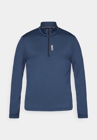 Pullover blu navy con colletto alto e chiusura a zip fino al quarto. Realizzato in un tessuto liscio, presenta maniche lunghe e un logo sul davanti.