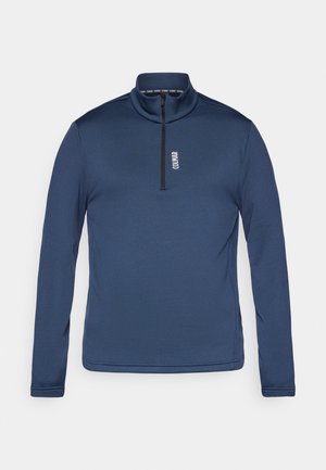 Navy pullover with a high collar and quarter-zip. Made from a smooth fabric, featuring long sleeves and a logo on the front.