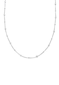 Collana in argento con cristalli trasparenti a forma rotonda distanziati uniformemente lungo la lunghezza, alternati a piccole perline d'argento.