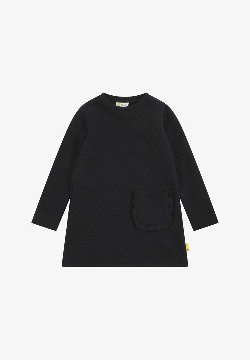 Marineblaues Langarmkleid aus strukturiertem Stoff mit einer Rüsche für die Tasche. Runder Halsausschnitt, gerade Passform und Etikett ist an der Seite sichtbar.