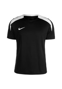 Zwart sport t-shirt met korte mouwen, een ronde hals en witte schouderaccenten. Materiaal heeft een mesh textuur; Nike-logo op de voorkant.