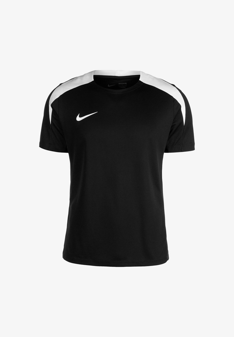 T-shirt sportivo nero con maniche corte, colletto a giro e dettagli bianchi sulle spalle. Il materiale ha una texture a rete; logo Nike sul davanti.