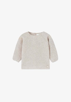 Pull en tricot beige clair avec un motif texturé, décolleté rond et longues manches raglan. Doté d'un petit bouton décoratif sur le côté.