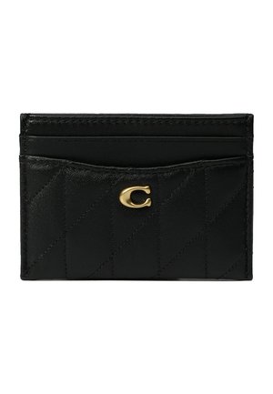 Schwarzer Leder-Kartenhalter mit diagonaler Steppnaht, drei Kartenfächern und einem goldenen "C"-Emblem mittig vorne.