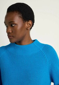 Blauer gestrickter Pullover mit hohem Rippkragen, der ein strukturiertes Muster und Raglanärmel aufweist. Das Material wirkt weich und dicht.