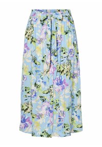 Blommig, lätt kjol i ljusblått, med ett livfullt mönster av olika blommor i lila, grönt och gult, samt en knytdetalj i midjan.