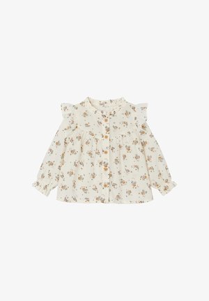 Cream long-sleeve baby blouse with small floral print, ruffled shoulders, button-down front, and elasticized cuffs.