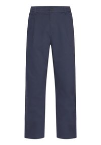 Granatowe spodnie o prostych nogawkach wykonane z mieszanki bawełny, z zapięciem na guzik, dwoma przednimi kieszeniami i gładką teksturą.