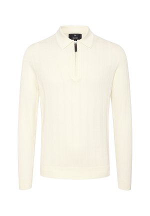 Pull crème à manches longues avec un design en tricot texturé, doté d'un col zippé et de poignets et d'un ourlet côtelés pour un look ajusté.