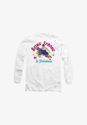 White long-sleeve shirt featuring a graphic design of a person riding a gray horse with flowers and the text "BEING STRONG Is Fabulous."