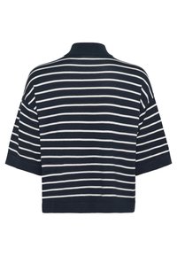 Navy and white striped short-sleeve knit top with a rounded collar and ribbed hem, featuring a loose and relaxed silhouette.