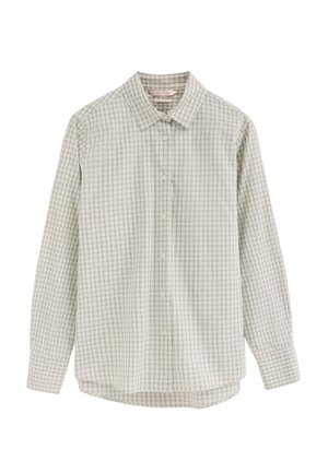 Camisa beige de manga larga con botones, con un pequeño patrón de cuadros y un cuello clásico, mostrada sobre un fondo blanco.
