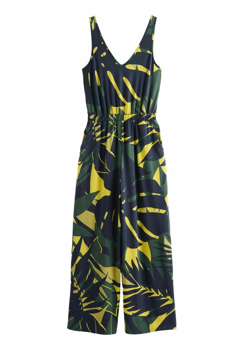 Ärmlös jumpsuit i mörkgrön och gul, med V-ringning, elastisk midja och ett djärvt bladmönster. Tillverkad av lättviktsmaterial.