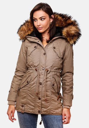 Khaki quilted parka jacket with faux fur-lined hood, drawstring waist, and buttoned pockets. Features beige accents and textured fabric.