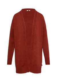 Cardigan de couleur rouille en tissu tricoté doux, avec un devant ouvert, des manches longues et un ourlet côtelé. Design simple et polyvalent.