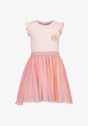 Vestito rosa a maniche corte con maniche arricciate, tasca arcobaleno e gonna in tulle a strati con strisce verticali pastello. Materiale morbido in misto cotone.
