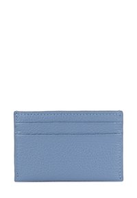 Lichtblauwe leren kaarthouder met een gestructureerde afwerking, voorzien van meerdere kaartsleuven en nette stiksel langs de randen.
